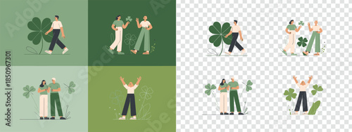 Diverse individuals walking and interacting happily with large four leaf clovers on various backgrounds