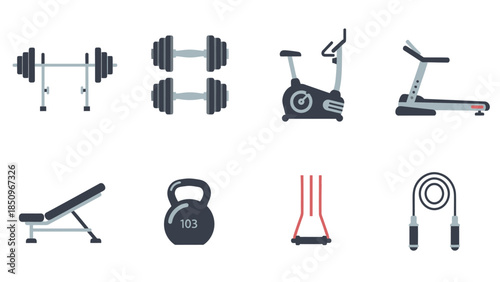 Collection of fitness equipment icons promoting healthy lifestyle and gym activities