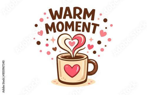 Warm moment: heartwarming coffee cup with heart shaped steam and warm colors