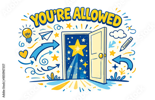 Open door to creativity and imagination with stars and inspiring elements