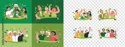 Diverse groups of people joyfully celebrating St Patricks Day with clovers and drinks