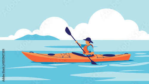 Man kayaking on a calm sea with mountains and clouds in the background illustration