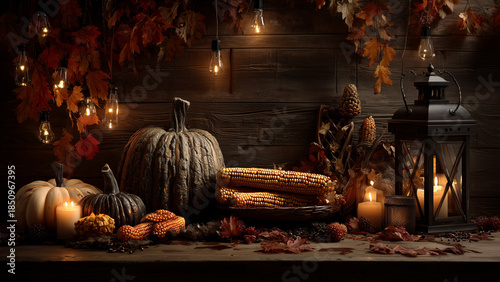 Thanksgiving autumn decoration with pumpkins, lantern and candles