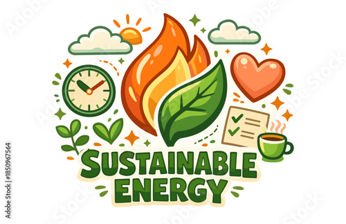 Sustainable energy concept with nature elements and eco-friendly symbols