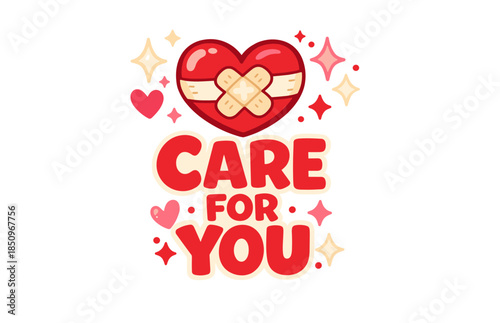 Heart with bandages and stars - care for you message in red and pink