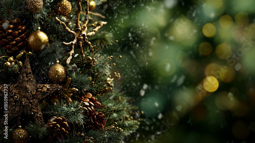 Christmas tree needles and ornaments in cozy golden light