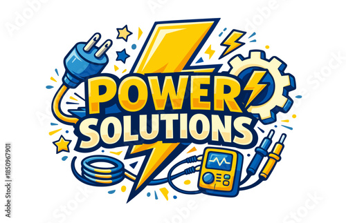 Power solutions logo with plug, lightning bolt, gear, and multimeter