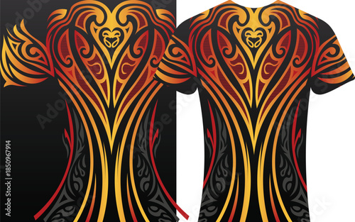 Fiery Tribal T-Shirt Design with Polynesian Inspired Motifs, Polynesian, Hawaii, Fiji Island Jersey, Modern, Creative Jersey Template,  ethnic jersey fashion, traditional dress, cultural jersey.