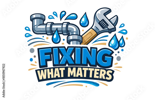 Fixing what matters plumbing pipe and wrench with water droplets