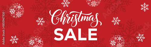 Festive red Christmas sale banner with bold white CHRISTMAS SALE text in a frame, decorative snowflakes, stars and ribbon bows, modern seasonal promotion background for winter holiday retail marketing