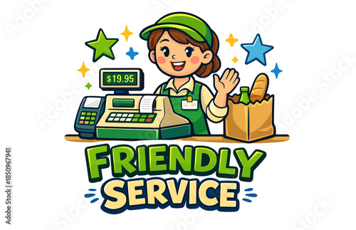 Smiling female cashier offering friendly service with grocery bag and stars