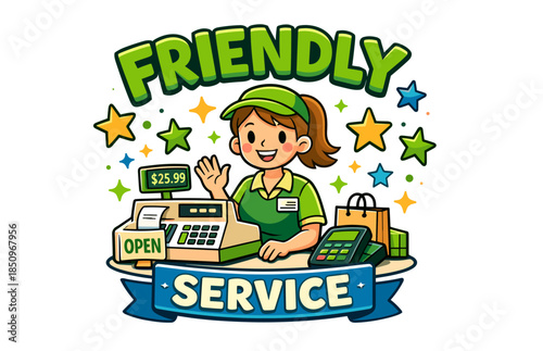 Cheerful female cashier offering friendly service enthusiastically at open store