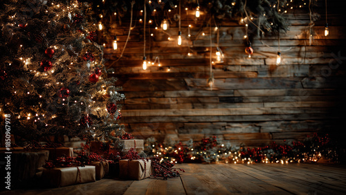 Festive wooden cabin interior decorated for Holiday with glowing lights