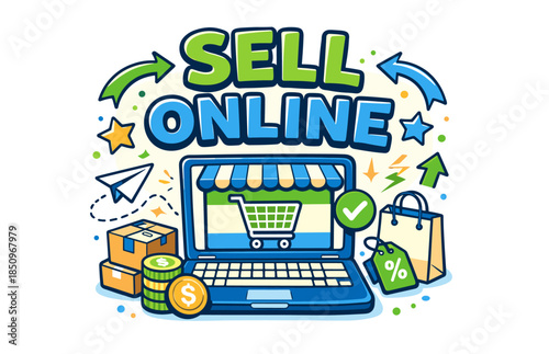 Online selling concept with laptop shopping cart and delivery icons