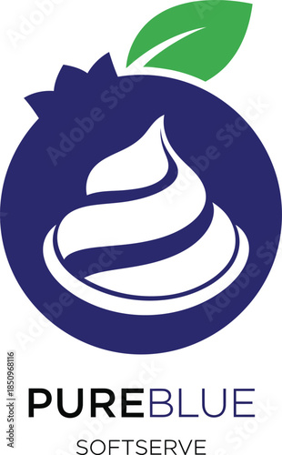 PureBlue SoftServe Logo with Blueberry Ice Cream Swirl Vector Illustration

