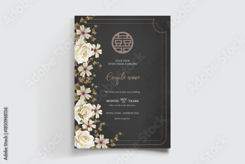 WEDDING INVITATION FRAME WITH FLOWER DECORATIONS AND FRESH LEAVES