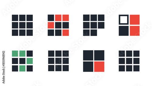 Collection of minimalist grid patterns with color variations for graphic design applications