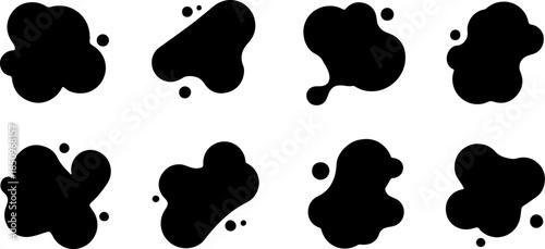 Abstract Black Amoeba Blob Shape Set with Organic Fluid Liquid Splashes and Minimalist Ink Drops for Creative Graphic Design, Backgrounds, and Modern Brand Identity.