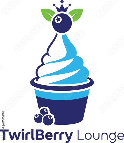TwirlBerry Lounge Logo with Blueberry Crown Frozen Yogurt Swirl Vector Illustration

