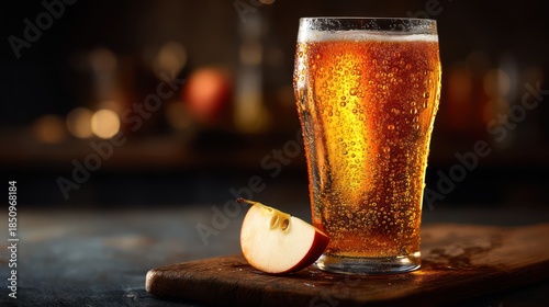 Chilled pint glass brimming with amber cider, glowing golden-brown with fine rising bubbles. Droplets of condensation sparkle on surface.