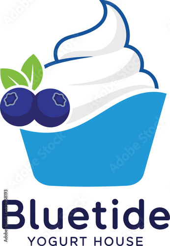 Bluetide Yogurt House Logo with Blueberry Frozen Yogurt Swirl Vector Illustration