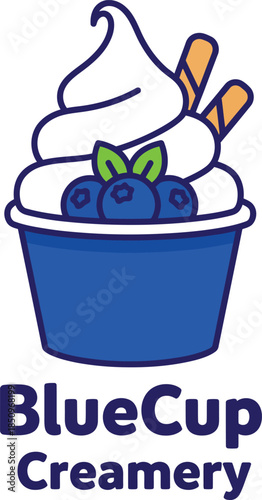 BlueCup Creamery Logo with Blueberry Frozen Yogurt Cup Vector Illustration