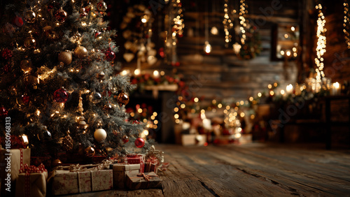 Rustic Christmas background with tree, candles and golden lights