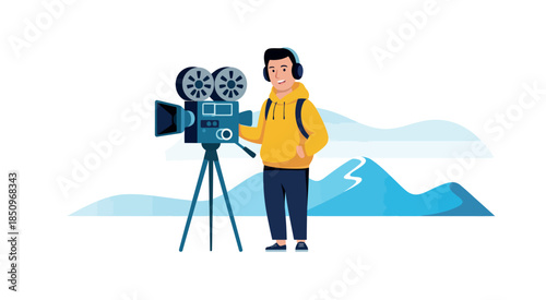 Flat Design Vector Illustration of Independent Filmmaker with Video Camera in Snowy Mountains