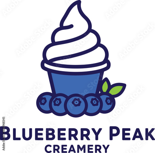Blueberry Peak Creamery Logo with Blueberry Ice Cream Cone Vector Illustration

