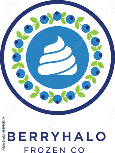 BerryHalo Frozen Co. Logo with Blueberry Wreath and Ice Cream Swirl Vector Illustration