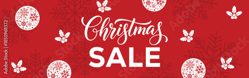 Festive red Christmas sale banner with bold white CHRISTMAS SALE text in a frame, decorative snowflakes, stars and ribbon bows, modern seasonal promotion background for winter holiday retail marketing