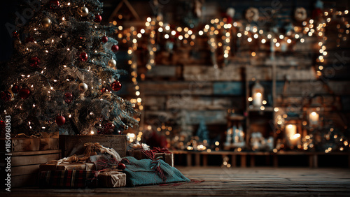 Festive wooden cabin interior decorated for Christmas with glowing lights