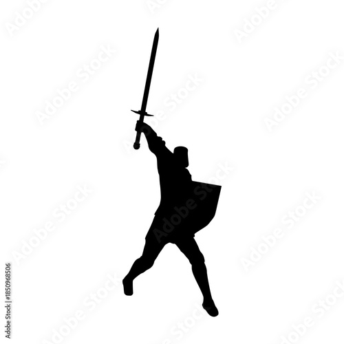 Medieval knight male warrior holding sword, shield isolated on white background. Hero wearing armor. Knight silhouette. For symbol, logo, web icon, mascot and game elements. Protection and security.