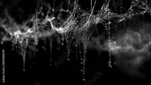Dewy web strands with bokeh highlights, abstract nature texture