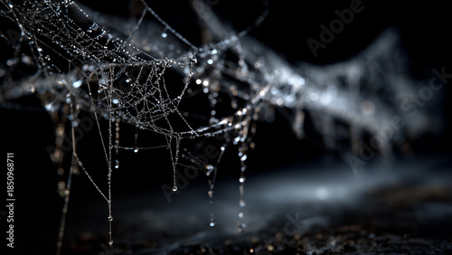 Cobweb close up with water droplets and shallow depth of field