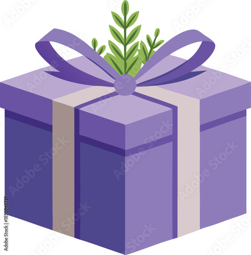 Purple gift box with green sprigs and ribbon