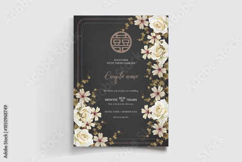 WEDDING INVITATION FRAME WITH FLOWER DECORATIONS AND FRESH LEAVES