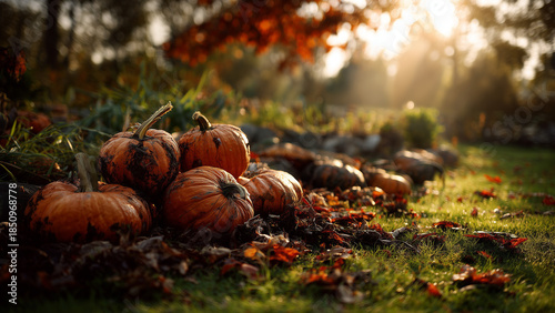 Group of pumpkins outdoors, fall season background with copy space