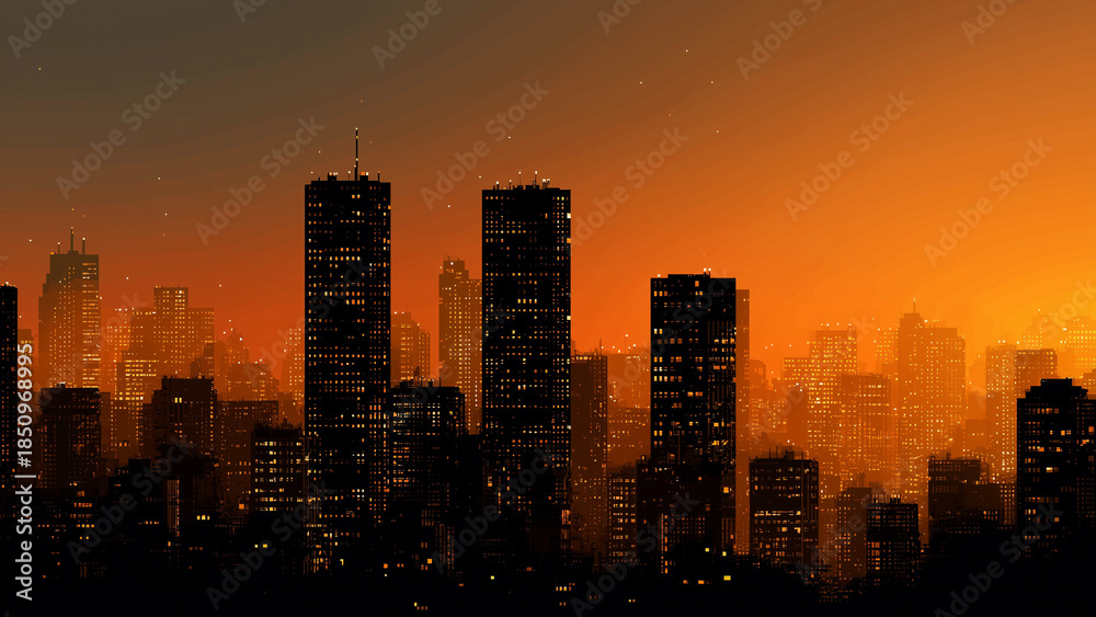 Obraz premium Modern city buildings against vibrant sunset, atmospheric skyline