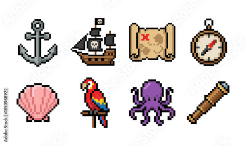 Pirate adventure game pixel art icons collection