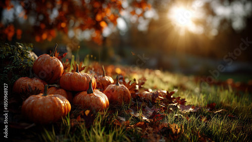 Autumn harvest pumpkins with fallen leaves and morning light