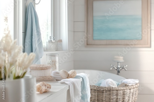 A coastal bathroom with light, airy colors,