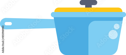 Kitchen utensil, blue cooking pot with yellow lid and handle, isolated on white background, ideal for cooking