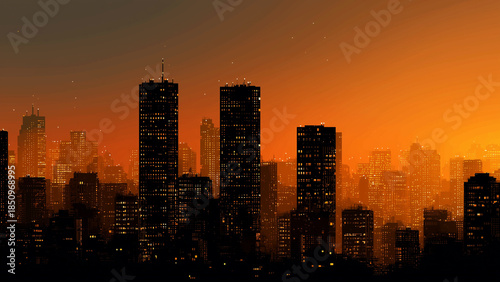 Modern city buildings against vibrant sunset, atmospheric skyline