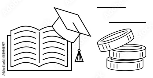 Education funding, scholarships, career planning, student debt, higher learning, academic achievement. Open book, graduation cap stack of coins. Education funding and scholarships concept
