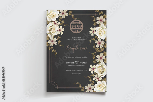 WEDDING INVITATION FRAME WITH FLOWER DECORATIONS AND FRESH LEAVES