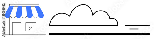 Cloud computing. Cloud computing with a small storefront and digital cloud icon, online data storage, business integration, and modern commerce. For technology, business growth, digital