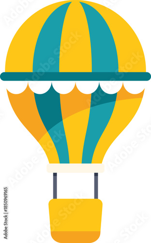 Striped hot air balloon floating in white background, representing adventure, travel, and exploration