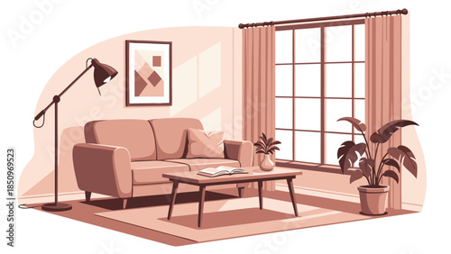 Cozy minimalist living room interior illustration with a comfortable sofa, warm lighting, and green plants. Modern home decor in a sunlit space, perfect for relaxation