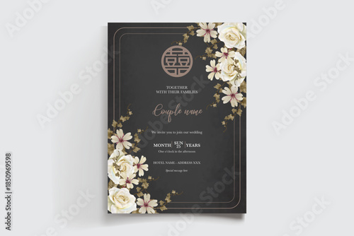 WEDDING INVITATION FRAME WITH FLOWER DECORATIONS AND FRESH LEAVES